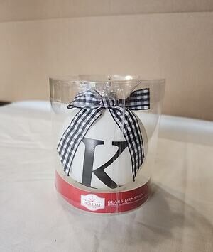 Holiday Time Monogram Glass Ornament Letter "K" White & Black Buffalo Check Bow